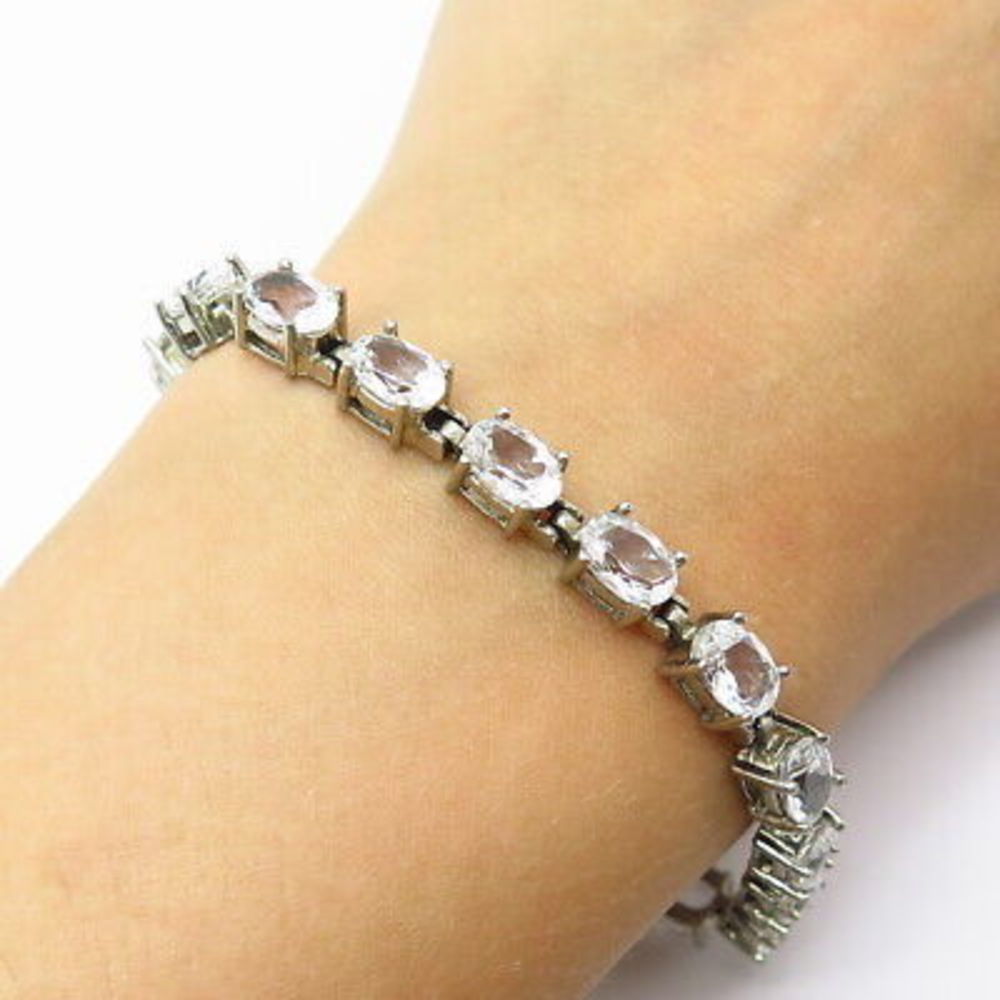 925 Sterling Silver Real White Topaz Gemstone Tennis Link Bracelet 7 3/4"